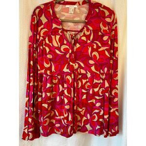 Lascana for Venus Floral Boho Peasant Blouse M Pink‎ Red Tiered Front Tie Top